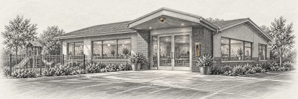 Graphite pencil drawing of a daycare entrance with a building intercom panel beside the glass doors