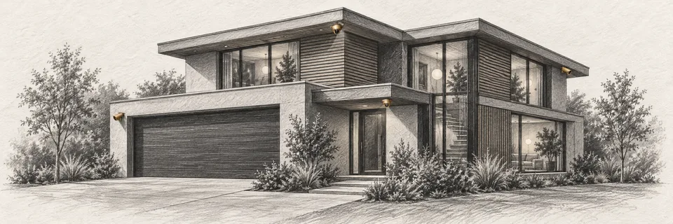 Graphite pencil drawing of a modern house with discreet security cameras
