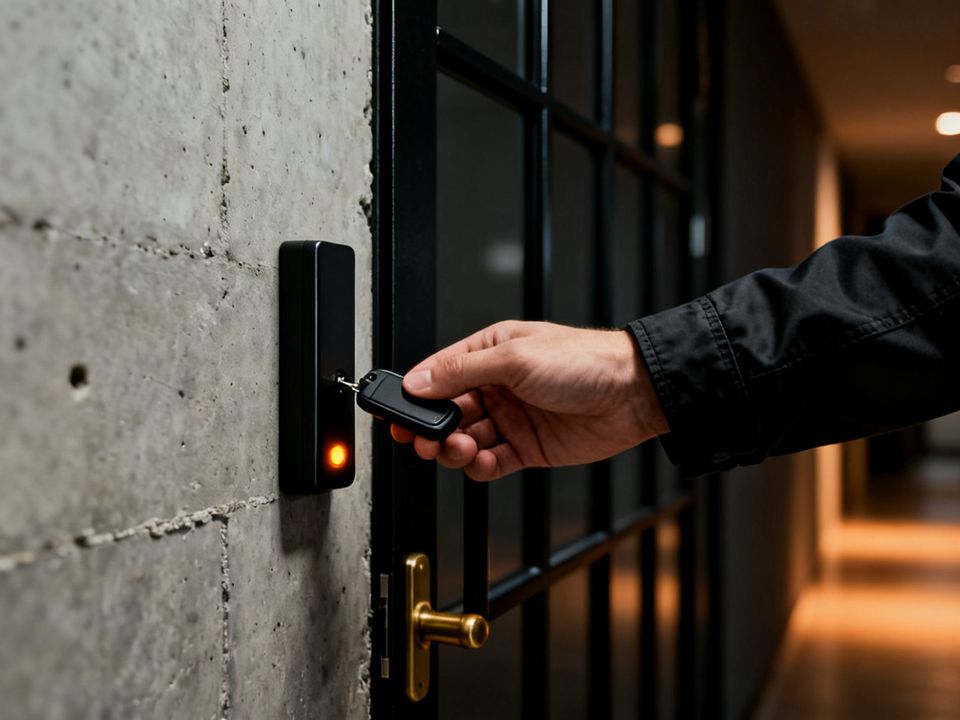 Key fob held up to an access reader beside an office door
