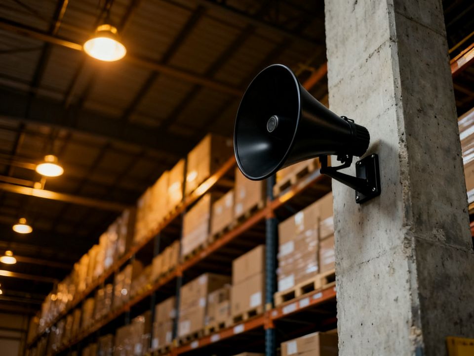 Paging horn speaker on a warehouse column