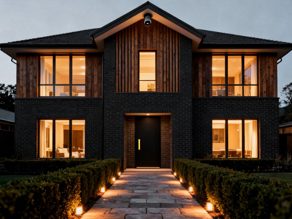 Modern family home at dusk with a discreet security camera under the roofline