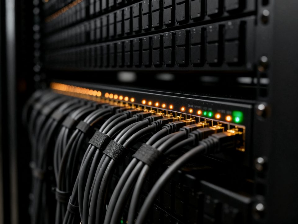 Neatly dressed patch cables in a network rack