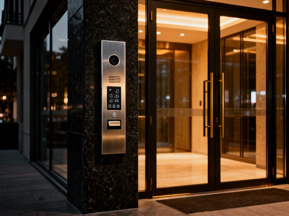 Video intercom and access panel beside a glass lobby entrance