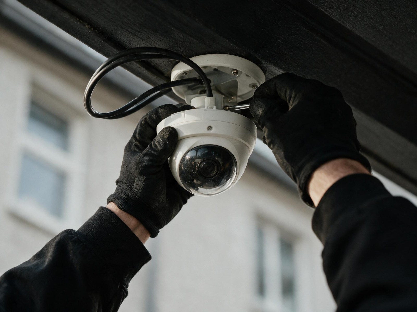 Technician in gloves servicing a dome security camera